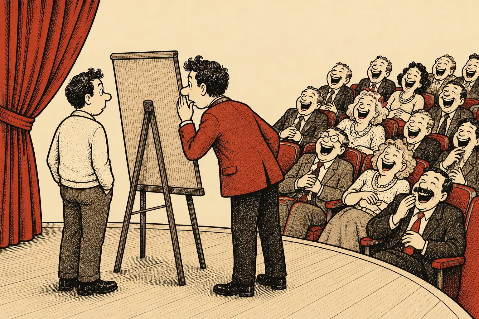 An illustration of a man in a red blazer whispering to another man beside a blank easel on a stage, while a theatre audience laughs, drawn like a mid-century newspaper cartoon